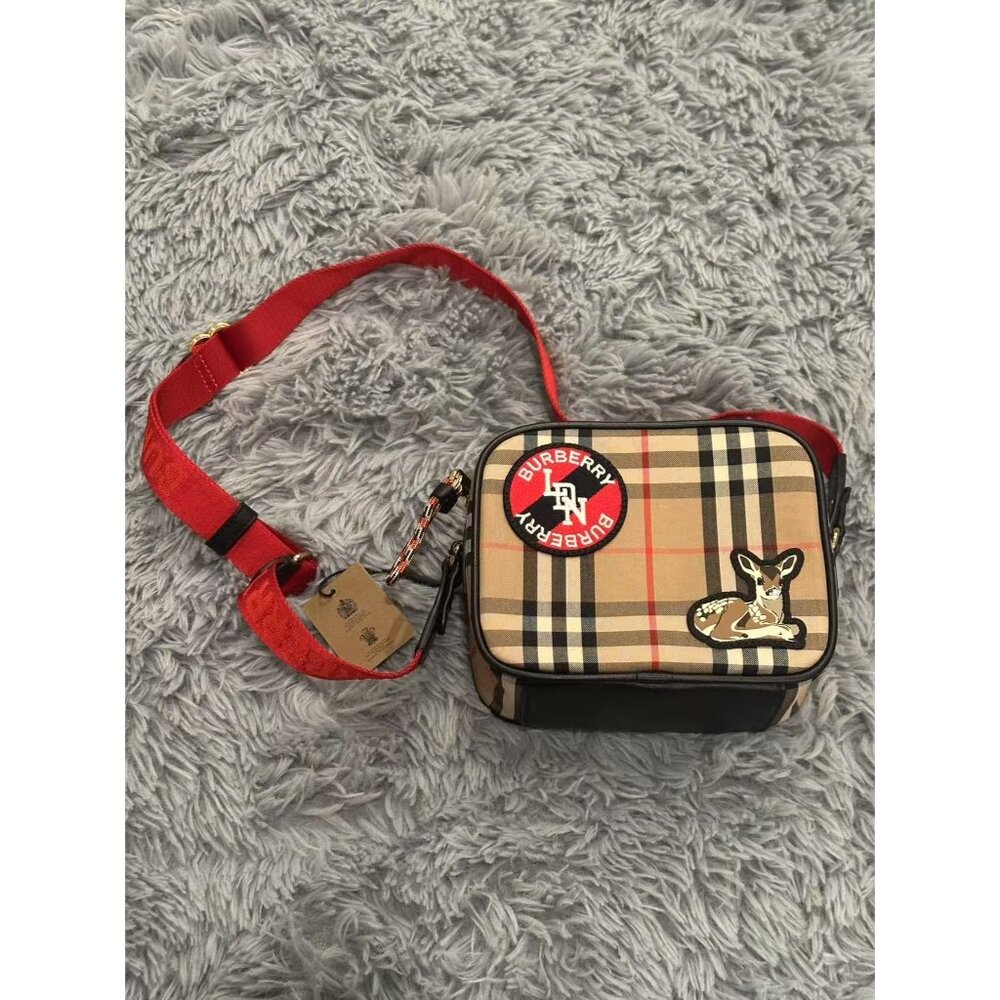 Burberry Checkered Crossbody Bag With Red Strap & Embroidered Patch